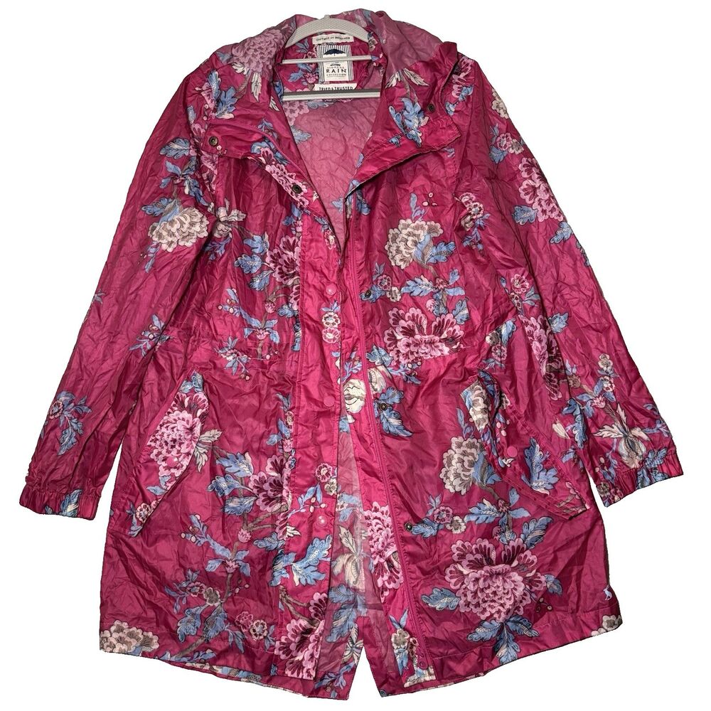 Joules Right as Rain Women's 8 Raincoat Pink Floral Hooded Waterproof Minimalist - Picture 1 of 9